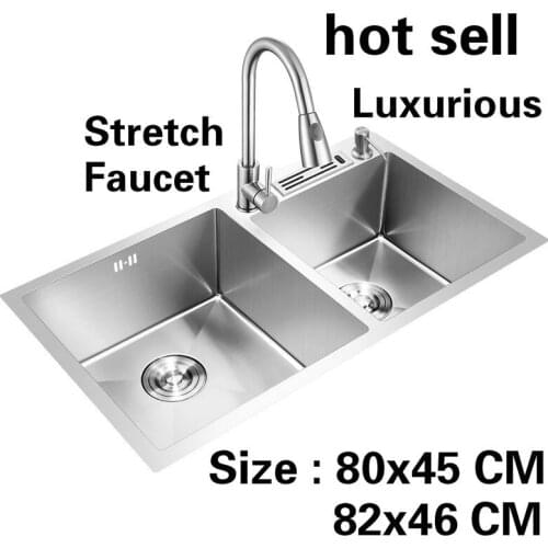 Free shipping Hot sell apartment kitchen manual sink double groove stretch faucet food grade 304 stainless steel 80x45/82x46 CM