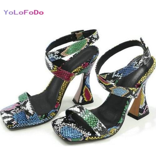 Plus Size 34-42 Women Sandals Open Toe Square Heel Ladies Summer High Heel Shoes Snake Print PU Leather Womans Shoes 2021