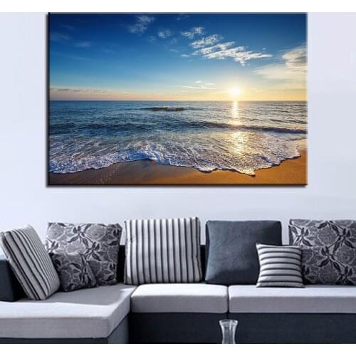 Canvas Painting Home Decor HD Printed 1 Piece/Pcs Sunrise Beach Seascape Pictures Blue Sky Sea Waves Poster Wall Art Framework