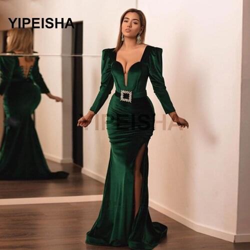 Emerald Green Evening Dresses Mermaid Long Sleeve Sexy Slit Formal Prom Gowns Crystal Belt Sweetheart VELOUR Abiye Gece Elbisesi