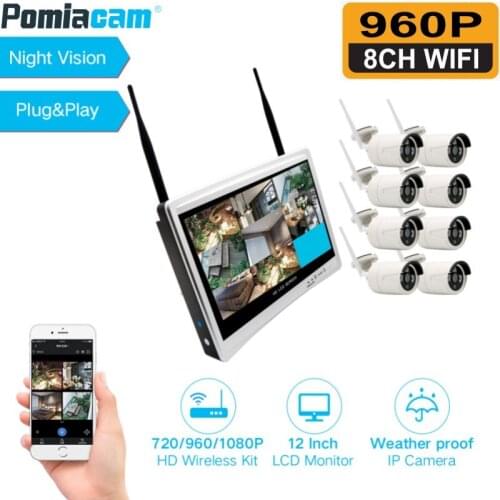 8CH 960P Wireless NVR CCTV Security System 12" LCD Monitor WIFI NVR Kits 1.3MP IR-CUT Outdoor IP Camera Video Surveillance Kit