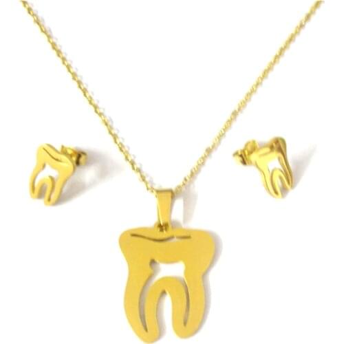 FairLadyHood Gold Tooth Pendant Necklace And Tooth Earrings Stainless Steel Choker Necklace Jewelry Set For Dentist Gift