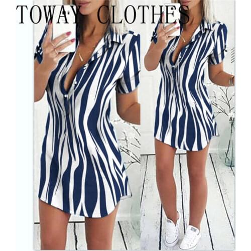 Summer Women Turn-down Collar Stripe Print Short Sleeve Button Front Shirt Dress