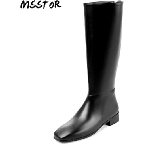 MSSTOR Zipper Black Platform Boots Plus Size 33-41 Casual Concise Genuine Leather Flats Fashion Square Toe Leather Boots Women