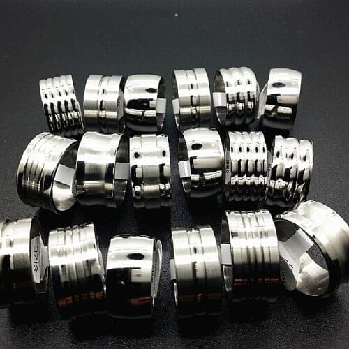 Wholesale 30pcs silver color mens ring 12mm stainless steel fashion large sizes rings holder for male unisex band jewelry