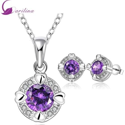 Adorable Jewelry Silver Color Filled Purple Crystal Purple Cubic Zirconia Pendants/Earring Party Womens Fashion 2020 S2001