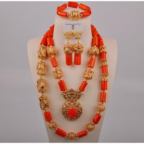 Orange Nigerian Coral Beads African Jewelry Set Dubai Gold Bridal Wedding Jewelry Sets for Women