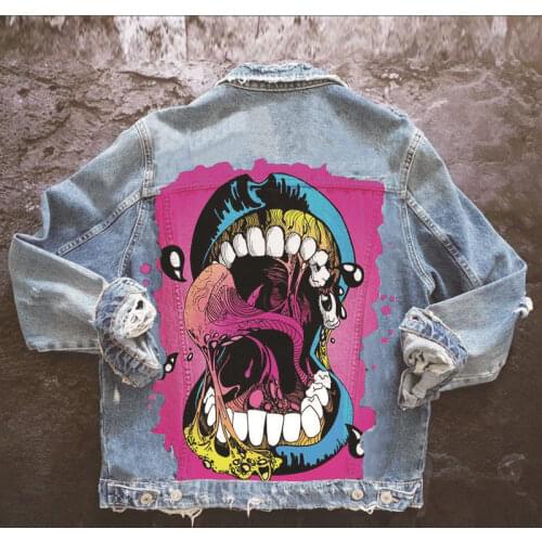 Autumn European and American Style Ladies Jacket Fashion Casual Loose Hole Long-sleeved Printed Woman Clothing Denim Coat WP46