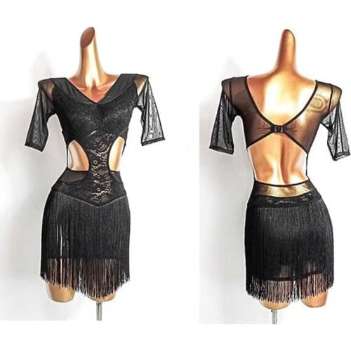 Latin Dance Dress Sexy Black Hollow Fringe Dress Practice Clothes Mesh Backless Dress Latin Dance Competition Dresses DN8478