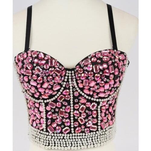 Luxury Pink Diamond Beading Vest Summer Pearls Strap Corselet Women Camis Push Up Night Club Bralette Bra Dance Cropped Top