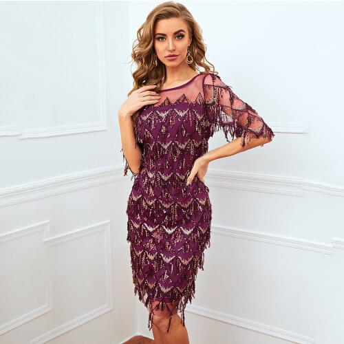 Tassel Sexy Sequin Dress Chic Shining Mesh Evening Party Women Dress Short Sleeve O-Neck Vintage Mini Black Dress Club Vestidos