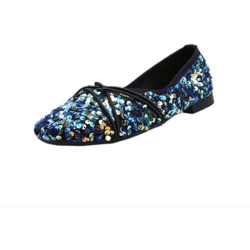 2020 Spring New Style Retro Sequin WOMENS Shoes Shallow Mouth Shoes Soft Bottom Flat Top Shoes Square Head Bow Shoes