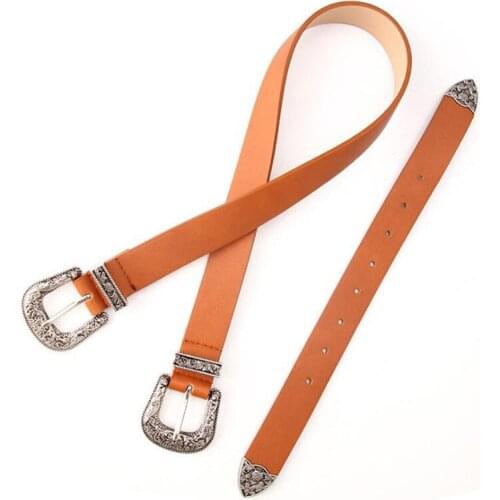 Vintage Women Boho Metal PU Leather Belts Ladies Black Brown Coffee Double Buckle Waist Band Waistband Female