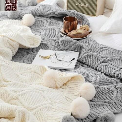 160cm Knitted Blanket Sofa Throw Blankets Cotton Pompom Baby Blankets Nordic Crochet Blanket For Bed Sofa Cover Knit Carpet