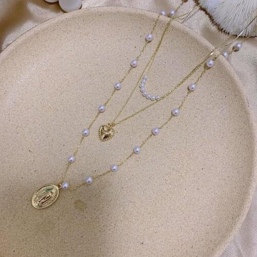 FFLACELL Pearl Heart Clavicle Chain Pendant Retro Bohemian Pendant Three-layer Necklace Natural Jewellery