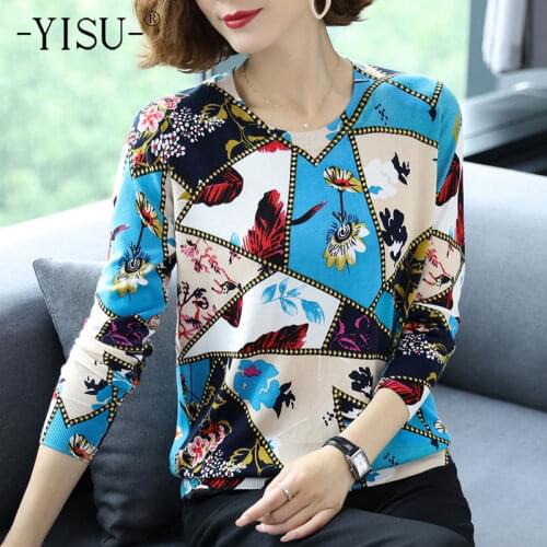YISU Womens clothing Sweater O-Neck Loose Autumn tops Fashion Printing Long sleeve Female Knitted Pullover Casual Women Jumper
