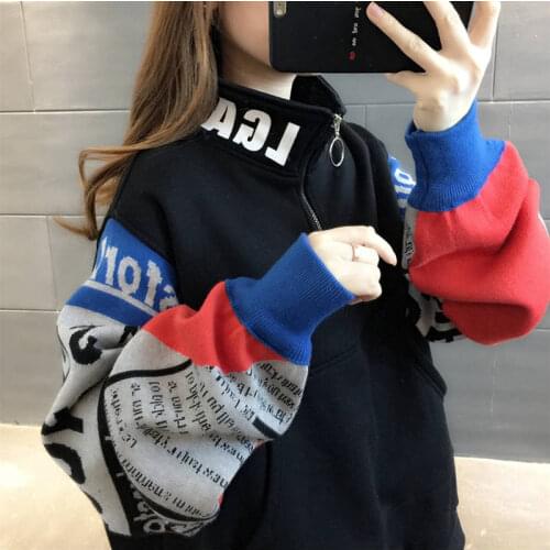 Oversize Turtleneck Printed Womens Hoodies Plus Velvet Sweatshirt Lady Autumn Harajuku Patchwork Warm Pullovers Hoodie Female