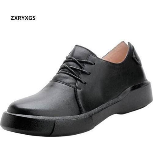 ZXRYXGS Elegance Black Flats 100% Natural Genuine Leather Shoes Platform Flat Shoes Woman Sneaker Lace-up Fashion Casual Shoes