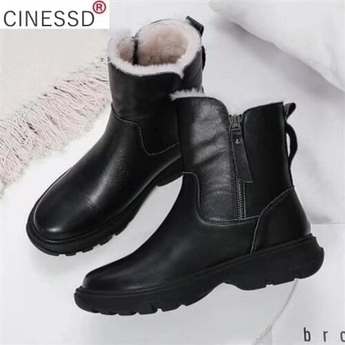 CINESSD 2021 Snow Boots Thick Bottom Wedge Leather Winter Warm Leisure Outdoor Wool Short Boots Women