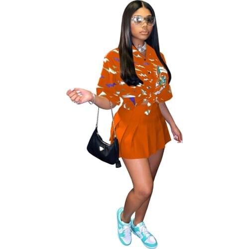 Women Clothing Set Fashion Print Short Sleeve Tops Skirt Two Piece Matching Suits 2021 New Summer Office Lady French Outfits