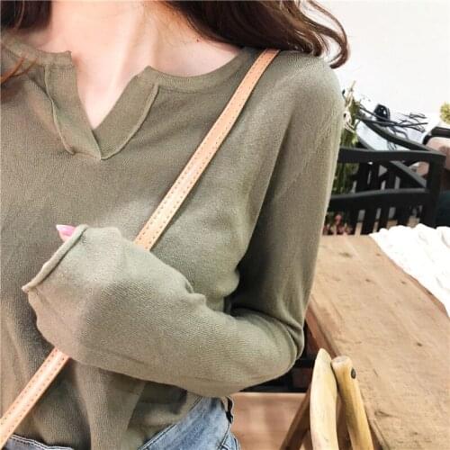 Cotton Bottom Sweaters Women 2020 Autumn Simple V-neck Knitted Jumpers Feamle Korean Chic Loose Pullovers Crocheted Top Clothes