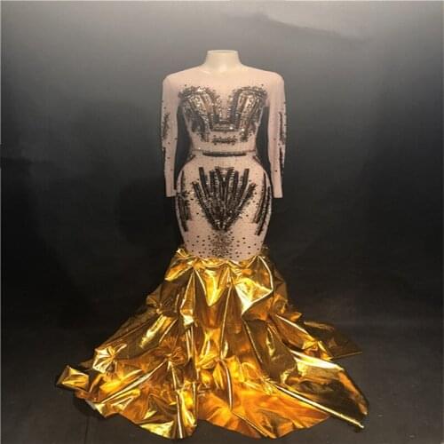 K6 Golden trailing dress singer performance long skirt female ballroom dance costumes dj outfit sexy catwalk wears cloth prom ds