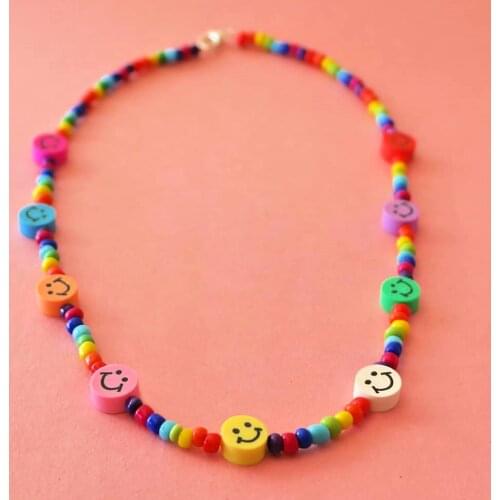 Go2Boho Rainbow Beaded Choker Necklace Smile Face Necklaces For Women Wild Colorful Beads Collar Random Smiley Party Jewelry