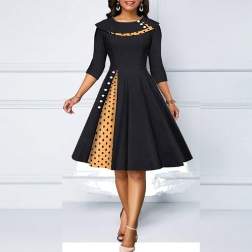 OTEN Womens temperament lapel polka dot stitching sleeves retro hip-wrapped A-line large swing slim knee-length dress