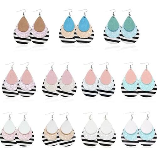 ZWPON Multilayer Stripe Glitter Leather Teardrop Earrings Women Zebra Print Summer Statement Leather Earrings Jewelry Wholesale