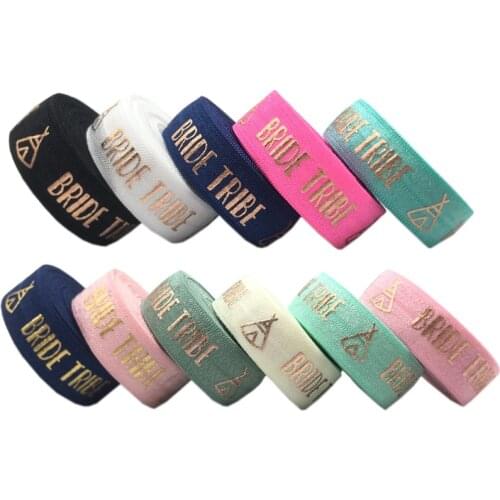 10yard 15mm Rose Foil Teepee BRIDE TRIDE Print Fold Over Elastic Ribbon For Sewing Hair Tie Strap Backpack Decoration Accessorie