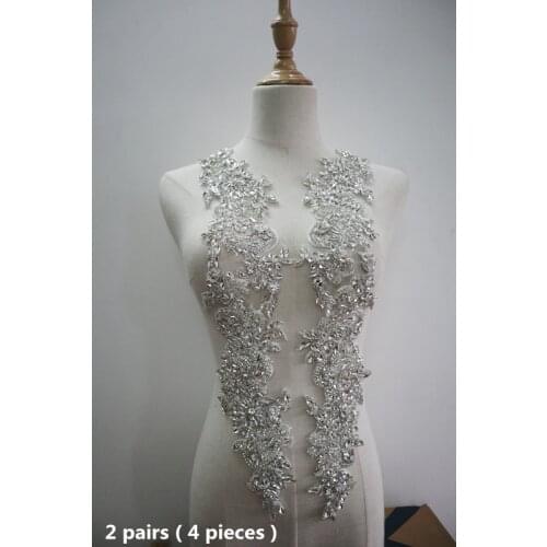 2pairs silver rhinestone applique pair, crystal beaded lace rhinestone sash headband shoulder body back appliques dress straps