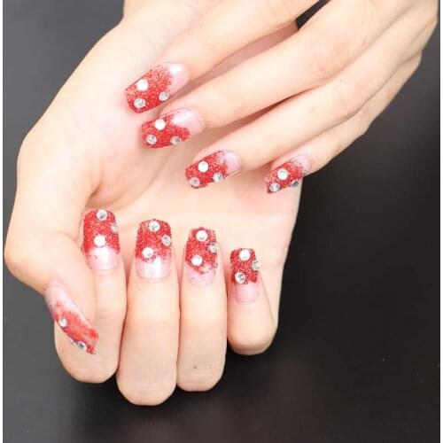 2020 24pcs Fashion full diamond crystal diamond square head candy color handmade fake nails Red powder W30