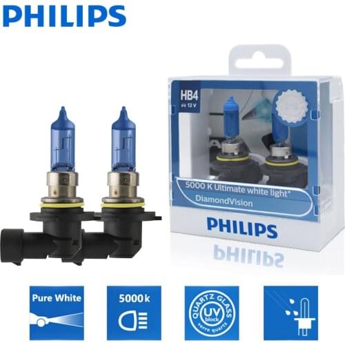2X Philips HB4 9006 12V 55W P22d Diamond Vision 5000K Super White Light Halogen Bulb Auto Head Light Lamps 9006DVS2