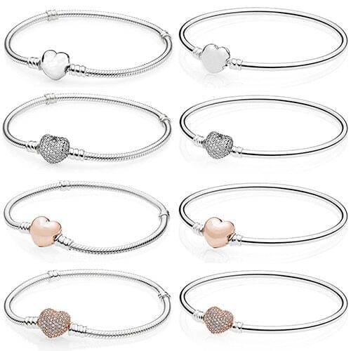 2019 New Fashion High Quality 100% 925 Sterling Silver Heart Shaped Basic Bracelet DIY Beaded Jewelry Gift Factory Outlet