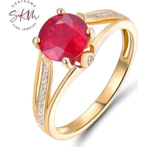 SKM brand Design Round Gemstone Solid 14K Yellow Gold Diamond Ruby Anniversary Rings for Party Jewelry