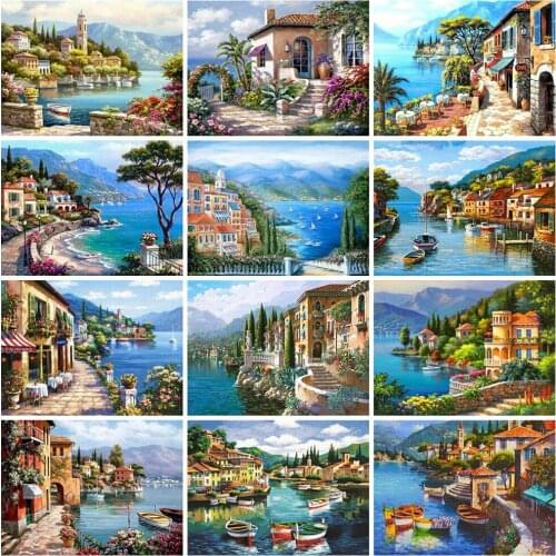 EverShine Diamond Painting Seaside Town Cross Stitch Diamond Mosaic Embroidery Coastline Rhinestones Art New Arrivals Home Decor