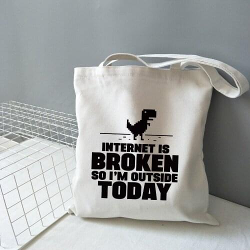 Internet Is Broken So I'm Outside Today Dinosuar Print Canvas Shoulder Bag Large Capacity Lady Handbag Reusable Tote Bags