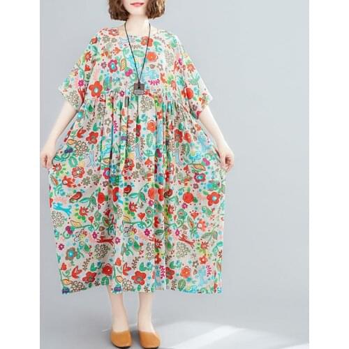 Oversized Floarl flower Print Summer Beach Dress 2021 Ladies Dresses for Women Cotton Casual Long Oversize New Fashion Dress