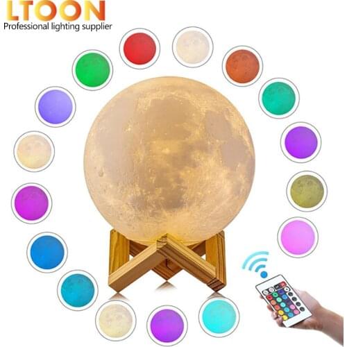 [LTOON]3DPrint Moon Lamp Rechargeable Remote control 16 Color Change Touch Night Light Lunar Luna Baby Nightlight Christmas gift