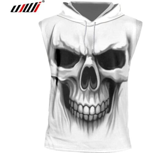 UJWI White Tshirts Men Summer Tops 3D Print Horrible Skull Sleeveless Hooded T-shirt Homme Hip Hop Punk Cap Hoodies Pullovers
