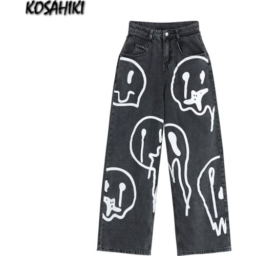 KOSAHIKI 2021 New Spring Fashion Ins Street Hip-hop Printing Jeans Loose Casual Denim Wide Leg Pants Man Woman Long Trousers