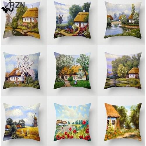 Single-sided Printing Oil Painting Pillowcase American Country Landscape Bird Flower Cushion Cover Vintage Sofa Chair Home Decor