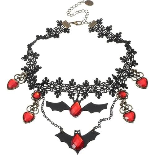 2021 Trend New Gothic Fashion Jewelry Red Bat Layered Necklace Ladies Black Lace Collar Personalized Necklace Halloween Gift
