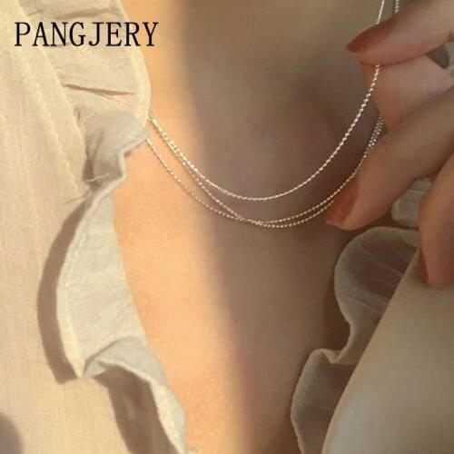 PANGJERY 925 Sterling Silver Shiny Bead Chain Necklaces for Women INS Fashion Simple Multilayer Engagement Fine Jewelry Gifts