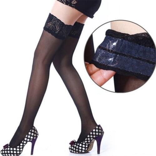 1 Pair Sexy High Stockings Woman Summer Style Anti Skid Lace Top Silicone Band Stay Up Thigh Thin Stockings 6 Colors