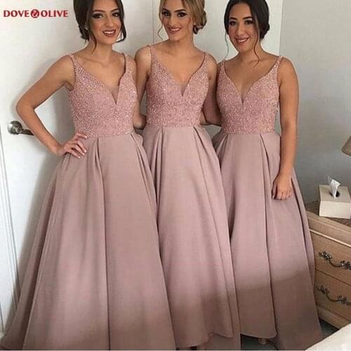 Blush Pink Bridesmaid Dresses Beaded Satin A Line Spaghetti Strap Maid of Honour Wedding Party Gowns V Neck Long Customize
