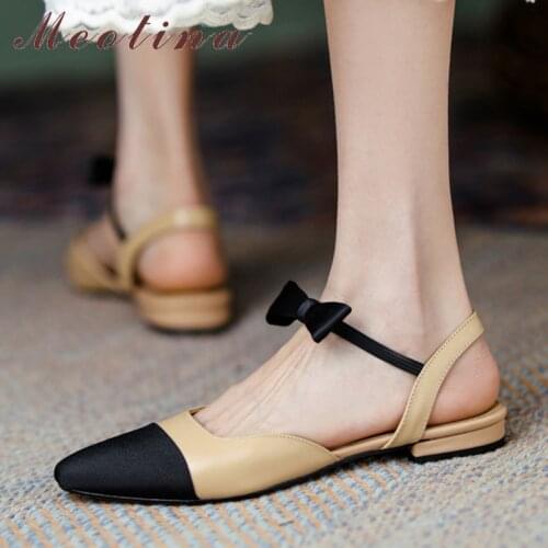Meotina Women Shoes Genuine Leather Sandals Flat Bow Sandals Pointed Toe Cow Leather Ladies Footwear Summer Apricot Size 33-43