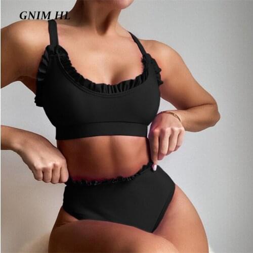 GNIM Sexy Bandeau Swimwear Women Push Up Ruffle Bikini Set 2021 High Waist Solid Black Brazilian Swimsuit 2 Pieces Biquini New