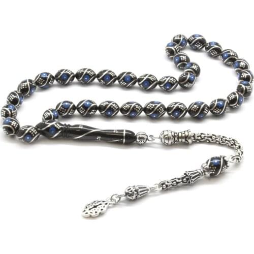 Tesbihane 925 Sterling Silver Arnavut Tassels Silver-Turquoise Embroidered Erzurum Oltu stone Rosary
