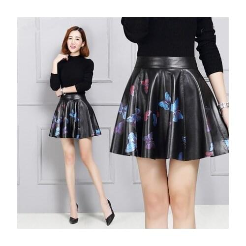 Top brand Print Leather Sheepskin Skirt High Waist Leather Skirt K126 high quality